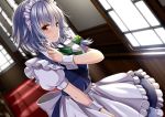  1girl apron bangs banned_artist blue_dress blush bow braid commentary_request cowboy_shot dress dutch_angle eyebrows_visible_through_hair frilled_apron frills glint green_bow green_neckwear green_ribbon hair_between_eyes hair_bow hand_up holding holding_knife holding_weapon indoors izayoi_sakuya knife looking_at_viewer maid maid_apron maid_headdress neck_ribbon petticoat puffy_short_sleeves puffy_sleeves red_eyes ribbon shirt short_hair short_sleeves silver_hair smile solo standing touhou twin_braids waist_apron weapon white_apron white_shirt window wrist_cuffs yuuka_nonoko 