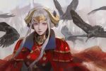  1girl bird blonde_hair blue_eyes cape crown eagle edelgard_von_hresvelg fire_emblem fire_emblem:_three_houses hair_ornament horns jiayue_wu long_hair looking_at_viewer red_cape simple_background solo white_background 