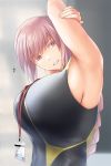  1girl armpits arms_up bangs bare_shoulders black_swimsuit blush braid breasts fate/grand_order fate_(series) florence_nightingale_(fate/grand_order) gachou highres lanyard large_breasts long_hair looking_at_viewer name_tag one-piece_swimsuit parted_lips pink_eyes pink_hair single_braid solo swimsuit translation_request 