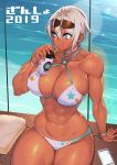  1girl 23_(real_xxiii) abs ahoge bench blonde_hair blue_eyes bracelet breasts cellphone choker cleavage commentary_request cross cross_necklace cup dark-skinned_girl_(23) dark_skin highres holding holding_cup huge_breasts jewelry muscle muscular_female navel necklace original phone pink_nails platinum_blonde_hair short_hair sitting skindentation solo tan water zanshomimai 