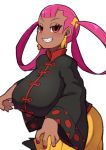  1girl absurdres blush breasts chinese_clothes dark_skin earrings fukurou_(owl222) half-closed_eyes highres jewelry large_breasts pokemon pokemon_masters punk_girl_(pokemon) red_eyes sharp_teeth smile solo teeth twintails 