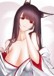  1girl absurdres akagi_(azur_lane) animal_ears azur_lane bangs bare_shoulders black_hair blunt_bangs breasts cleavage collarbone commentary_request fox_ears hand_on_own_cheek hand_up head_tilt higandgk highres japanese_clothes kimono large_breasts long_hair looking_at_viewer off_shoulder parted_lips red_eyes smile solo upper_body white_kimono 