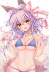  1girl animal_ears bangs bikini blue_bikini blush bow breasts cleavage collarbone commentary_request cowboy_shot fang fate/grand_order fate_(series) fox_ears fox_tail groin hair_bow innertube large_breasts long_hair looking_at_viewer micro_bikini navel nemuri_nemu open_mouth pink_hair simple_background skin_fang solo striped striped_bow swimsuit tail tamamo_(fate)_(all) tamamo_no_mae_(swimsuit_lancer)_(fate) white_hair yellow_eyes 