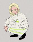  1girl alternate_eye_color android_18 black_footwear blonde_hair dragon_ball dragon_ball_z earrings expressionless full_body green_eyes grey_background hands_together jewelry long_sleeves medium_hair moricky pants shirt shoes simple_background solo squatting white_pants white_shirt 