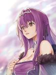  1girl absurdres bangs breasts cleavage cloud cloudy_sky dress fate/grand_order fate_(series) feather_trim fur-trimmed_dress fur_trim hair_between_eyes hand_on_own_chest headpiece highres large_breasts looking_afar outdoors parted_lips purple_dress purple_hair red_eyes scathach_(fate)_(all) scathach_skadi_(fate/grand_order) shoutai_(7490773) sky solo tiara upper_body 