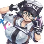  1girl :d astral_chain bangs black-framed_eyewear black_hair black_neckwear breast_pocket breasts collared_shirt geistbox glasses gloves green_eyes hair_between_eyes hat highres large_breasts marie_wentz necktie open_mouth pocket police police_uniform policewoman shirt short_hair simple_background smile solo teeth thick_eyebrows twitter_username uniform white_background white_shirt 