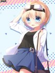  1girl :d arm_up bag bangs black_shirt blonde_hair blue_eyes blue_sky blush breasts character_request commentary_request dairoku_youhei diagonal_stripes eyebrows_visible_through_hair fingernails goggles goggles_on_head hair_between_eyes holding_strap jacket looking_at_viewer open_clothes open_jacket open_mouth satsuki_yukimi shirt short_sleeves shoulder_bag sky small_breasts smile solo striped watermark white_jacket 