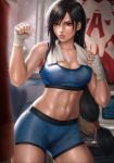  1girl abs breasts cleavage final_fantasy final_fantasy_vii highres long_hair open_mouth red_eyes sandbag sciamano240 short_shorts shorts solo sports_bra sweat tifa_lockhart towel towel_around_neck very_long_hair 