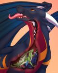  2019 absurd_res amber_eyes anthro black_scales bunsen canid canine canis claws digital_media_(artwork) dragon feral group hair hi_res horn hybrid internal jasafarid knot male male/male mammal membrane_(anatomy) membranous_wings nexuswolfy open_mouth paws penis red_hair scales scalie sergal sergeantyakirr soft_vore spines swallowing teeth tendril_(character) throat tongue vore western_dragon wings wolf 