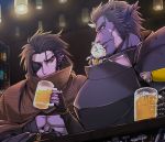  2boys alcohol animal animal_on_shoulder armor beer bell black_hair bottle brown_cape cape cat darshan_aga_zalqava eyepatch horns indoors jingle_bell light long_hair looking_at_another male_focus multiple_boys pink_skin pixiv_fantasia pixiv_fantasia_last_saga pointy_ears wine_bottle yukiji_(mogari) zokudan_(pixiv_fantasia_last_saga) 