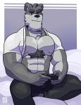  2019 abs absurd_res anthro biceps bottomwear canid canine canis chest_tuft clothing hi_res looking_at_viewer male mammal muscular muscular_male pants pecs shirt solo tehbluebubble topwear tuft wolf 