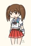  1girl artist_name badge blue_sailor_collar brown_eyes brown_hair commentary_request cosplay curse_(023) dated dolphin empty_eyes gloves hip_vent kantai_collection looking_down mikura_(kantai_collection) mikura_(kantai_collection)_(cosplay) pleated_skirt puffy_short_sleeves puffy_sleeves red_skirt ryuujou_(kantai_collection) sailor_collar sailor_shirt shirt short_sleeves simple_background skirt solo twintails undershirt white_background white_gloves white_shirt 