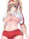  ahoge bangs blonde_hair blush breasts cleavage commentary_request cowboy_shot embarrassed fate/grand_order fate_(series) green_eyes gym_uniform headband highres large_breasts long_hair nero_claudius_(fate) nero_claudius_(fate)_(all) olympian_bloomers red_headband shirt shirt_lift twintails underboob white_background white_shirt yellow_eyes yu-kinouhasu 