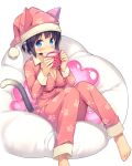  1girl animal_ears barefoot bean_bag_chair black_hair blue_eyes breasts cat_ears cat_tail cleavage cup daibouken!_yukeyuke_osawari_island full_body heart holding ichigo_(daibouken!_yukeyuke_osawari_island) looking_at_viewer microphone mug nontan official_art pajamas paw_print short_hair smile solo tail 