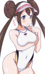  aiuchi blue_eyes breasts brown_hair competition_swimsuit double_bun highleg highres mei_(pokemon) one-piece_swimsuit pokemon pokemon_(game) swimsuit 