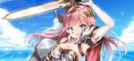  1girl armor armpits blue_eyes breastplate breasts cleavage cloud commentary_request dan_gan day elbow_gloves eyebrows_visible_through_hair facial_mark gloves hair_ornament headpiece highres holding holding_shield holding_sword holding_weapon large_breasts looking_at_viewer open_mouth original outdoors pink_hair shield shoulder_armor solo sword water weapon white_gloves 