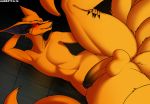  2019 absurd_res anthro balls black_nose butt canid canine desertkaiju digital_media_(artwork) erection fox fur hi_res kurama looking_at_viewer male mammal multi_tail naruto nude orange_fur penis presenting solo tailed_beast teeth thick_thighs voluptuous wide_hips 