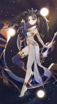  1girl absurdres bangs bare_shoulders barefoot black_hair blush breasts commentary_request crown earrings eyebrows_visible_through_hair fate/grand_order fate_(series) hair_ribbon highres hoop_earrings ishtar_(fate/grand_order) jewelry long_hair long_legs looking_at_viewer medium_breasts navel parted_bangs passerby_b purple_legwear red_eyes ribbon single_thighhigh smile solo star_(sky) thighhighs two_side_up weapon 