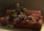  2019 belly big_(disambiguation) clothed clothing difference duo feet hair happy human human_on_humanoid humanoid husband interspecies invalid_color invalid_tag lostgoose male male/male mammal not_furry orc orc_humanoid orcish overweight piercing safe size size_difference slightly_chubby smile smug sofa thick_thighs 