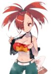  1girl absurdres asuna_(pokemon) bare_shoulders black_vest breasts cleavage collarbone covered_nipples denim eyebrows_visible_through_hair eyes_visible_through_hair hair_over_one_eye hairband highres jeans kobo_(cobo_0609) midriff navel one_eye_closed open_mouth pants pokemon pokemon_masters ponytail red_eyes solo strapless sweat tubetop vest 