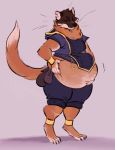  absurd_res anthro belly belly_jiggle belly_overhang big_belly brown_fur cappuccino claws clothed clothing fur hand_on_stomach hi_res male mammal marten midriff mustelid musteline overweight overweight_male pine_marten smile solo standing toe_claws 