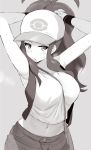  1girl armpits arms_up bag belly handbag long_hair mei_(pokemon) navel noripachi pokemon pokemon_(game) pokemon_bw2 steam tying_hair very_long_hair visor_cap 