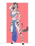  2019 5_fingers anklet anthro athletic big_breasts blue_eyes bottomwear breasts clothing digital_media_(artwork) ear_piercing ear_ring equid equine female fingers fur hi_res hooves humanoid_hands jewelry loincloth looking_at_viewer mammal mohawk_(hairstyle) mostly_nude multicolored_fur nipple_piercing nipples piercing pose signature simple_background solo sosya142 standing striped_fur stripes tail_jewelry two_tone_fur zebra 