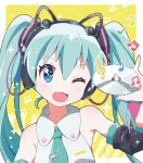  1girl animal_ears aqua_eyes aqua_hair aqua_neckwear bare_shoulders beamed_eighth_notes beamed_sixteenth_notes black_sleeves cable cat_ear_headphones cat_ears cat_paws cd commentary detached_sleeves eighth_note fuusen_neko hair_ornament hand_up hatsune_miku headphones holding_cd light_blush long_hair looking_at_viewer musical_note necktie neon_lights one_eye_closed open_mouth paw_print paws quarter_note shirt shoulder_blush sleeveless sleeveless_shirt smile sparkle treble_clef twintails upper_body very_long_hair vocaloid white_shirt 