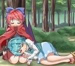  2girls :o against_tree arms_at_sides black_shirt blue_hair blue_skirt blue_vest blush bow bush cape day eyebrows_visible_through_hair forest geta hair_bow juliet_sleeves lap_pillow legs_together long_sleeves lying lying_on_person multiple_girls nature on_ground on_side outdoors puffy_sleeves red_cape red_hair red_skirt seiza sekibanki shiny shiny_hair shirt short_hair sitting skirt sleeping sugiyama_ichirou tatara_kogasa touhou tree under_tree vest white_shirt 