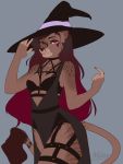  2019 5_fingers anthro breasts brown_fur brown_nose clothed clothing digital_media_(artwork) eyebrows eyelashes felid female fingers fur grey_background hat headgear headwear hi_res leopard magic_user mammal missy_(artist) pantherine red_eyes simple_background smile solo standing witch witch_hat 