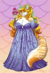  breasts canid canine cleavage clothed clothing domestic_cat dress felid feline felis flower hair hi_res hybrid mammal plant rose_(flower) sasha_sweets smile spottedtigress 