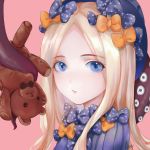  1girl abigail_williams_(fate/grand_order) artist_name artist_request bangs black_bow black_headwear blonde_hair blue_eyes bow commentary dress eyebrows_visible_through_hair face fate/grand_order fate_(series) hat highres long_hair looking_at_viewer multiple_bows orange_bow parted_bangs polka_dot polka_dot_bow solo stuffed_animal stuffed_toy teddy_bear tentacles 