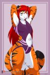  cainesart clothing felid fur girly hair hi_res looking_at_viewer male mammal multicolored_fur one-piece_swimsuit one_eye_closed orange_fur pantherine red_hair solo striped_fur stripes swimwear tiger white_fur wink yellow_eyes 