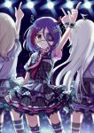  3girls absurdres arm_up bangs black_legwear blurry blurry_background breasts brown_eyes chain checkered closed_mouth collared_shirt commentary_request depth_of_field eyebrows_visible_through_hair eyepatch fang fang_out hair_between_eyes hayasaka_mirei highres horns hoshi_shouko idolmaster idolmaster_cinderella_girls idolmaster_cinderella_girls_starlight_stage index_finger_raised individuals layered_skirt morikubo_nono multicolored_hair multiple_girls necktie plaid_jacket pleated_skirt poyo_(shwjdddms249) purple_hair red_hair red_neckwear shirt short_sleeves skirt small_breasts smile solo_focus stage_lights streaked_hair striped striped_legwear thighhighs v-shaped_eyebrows vertical_stripes white_shirt 