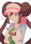  1girl arms_under_breasts between_breasts blue_eyes blush breast_hold breasts brown_hair closed_eyes commentary_request directional_arrow double_bun gen_5_pokemon heart highres large_breasts long_hair mei_(pokemon) muuran open_mouth pokemon pokemon_(creature) pokemon_(game) pokemon_bw2 shirt short_sleeves sidelocks simple_background snivy squiggle tears twintails upper_body visor_cap white_background white_headwear white_shirt 