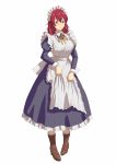  absurdres alternate_costume apron blue_dress blush breasts brown_footwear cecily_cambell chaji_h dress enmaided full_body highres long_hair long_sleeves looking_at_viewer maid maid_apron puffy_long_sleeves puffy_sleeves red_eyes red_hair ribbon seiken_no_blacksmith simple_background white_background yellow_ribbon 