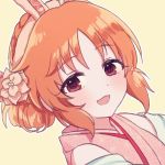  1girl :d abe_nana animal_ears bangs bare_shoulders beige_background blush bunny_ears dutch_angle eyebrows_visible_through_hair fake_animal_ears flower hair_bun hair_flower hair_ornament idolmaster idolmaster_cinderella_girls idolmaster_cinderella_girls_starlight_stage japanese_clothes kimono looking_at_viewer open_mouth orange_hair outline parted_bangs pink_flower pink_kimono poyo_(shwjdddms249) red_eyes sidelocks sleeveless sleeveless_kimono smile solo upper_body white_outline 