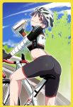  1girl ass bandaged_arm bandages bicycle bike_shorts black_hair bottle brown_eyes cloud drinking_straw fingerless_gloves gesugesu_ahoaho gloves ground_vehicle helmet highres kanbaru_suruga looking_at_viewer monogatari_(series) outdoors short_hair sky smile 