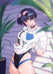  1girl bandaid bandaid_on_face black_hair blue_eyes blue_nails choker competition_swimsuit eyewear_on_head highleg highleg_swimsuit highres nail_polish olys one-piece_swimsuit original plant shirt shirt_lift short_hair solo standing swimsuit t-shirt wrist_cuffs 