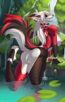  2019 anthro areola breasts canid canine day detailed_background digital_media_(artwork) eyes_closed female fox fur hair hi_res kuroame mammal nipples nude outside partially_submerged pussy red_fur solo water white_hair 