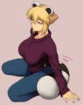  1girl animal_ears araiguma-san breasts commentary_request dated denim expressionless hair_between_eyes jeans large_breasts original pants purple_sweater raccoon_ears raccoon_tail red_eyes short_hair sidelocks signature simple_background sitting solo sweater tail tsukudani_(coke-buta) 