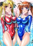  2girls asymmetrical_docking blonde_hair blush breast_press breasts cameltoe collarbone commentary_request covered_navel covered_nipples fate_testarossa highleg large_breasts leotard long_hair looking_at_viewer lyrical_nanoha mahou_shoujo_lyrical_nanoha_strikers multiple_girls open_mouth orange_hair purple_eyes red_eyes sen_(sansui) shiny shiny_clothes shiny_hair shiny_skin skin_tight standing takamachi_nanoha twintails 