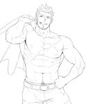  1boy abs bara beard belt chest cowboy_shot facial_hair fate/grand_order fate_(series) goatee greyscale hand_on_hip holding_clothes jacket_over_shoulder looking_at_viewer lumentunes male_focus monochrome muscle napoleon_bonaparte_(fate/grand_order) navel_hair nipples pants pectorals scar shirtless sideburns smile smirk solo teeth white_background 