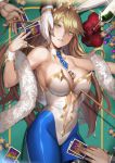  1girl alcohol animal_ears artoria_pendragon_(all) artoria_pendragon_(swimsuit_ruler)_(fate) bangs bare_shoulders blonde_hair blue_legwear blue_neckwear blush bottle braid breasts bunny_ears bunnysuit card cleavage deras detached_collar dice fate/grand_order fate_(series) feather_boa french_braid green_eyes hair_between_eyes highleg highleg_leotard highres large_breasts leotard long_hair looking_at_viewer lying navel_cutout necktie on_back pantyhose parted_lips playing_card poker_chip ponytail sideless_outfit sidelocks tiara white_leotard wine wine_bottle wrist_cuffs 