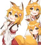  1girl :d animal_ear_fluff animal_ears applepie_(12711019) blush chopsticks closed_mouth commentary_request eyebrows_visible_through_hair fang fox_ears fox_tail hair_between_eyes hakama head_tilt highres holding holding_chopsticks holding_ladle holding_tail japanese_clothes ladle long_sleeves looking_at_viewer mimikaki multiple_views open_mouth red_hakama ribbon-trimmed_sleeves ribbon_trim senko_(sewayaki_kitsune_no_senko-san) sewayaki_kitsune_no_senko-san simple_background skin_fang smile tail wavy_mouth white_background yellow_eyes 