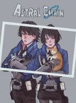  1boy 1girl akira_howard artist_request astral_chain black_hair blush brother_and_sister brown_eyes brown_hair cat chain glasses gloves jacket long_sleeves looking_at_viewer police police_uniform short_hair siblings simple_background smile twins uniform 