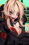  1girl armband armored_gloves bangs black_jacket blonde_hair breasts cleavage english_commentary eyebrows_visible_through_hair fangs girls_frontline gloves hair_between_eyes headgear j.k. jacket long_hair looking_at_viewer m4_sopmod_ii_(girls_frontline) middle_finger multicolored_hair open_mouth red_eyes smile solo streaked_hair tongue tongue_out 
