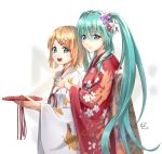 2019 2girls :d animal_print bangs blonde_hair blue_eyes blue_hair blue_nails butterfly_print closed_mouth dated eyebrows_visible_through_hair floating_hair floral_print flower from_side hair_between_eyes hair_flower hair_ornament hairclip hatsune_miku holding japanese_clothes kagamine_rin kimono long_hair looking_at_viewer multiple_girls nail_polish open_mouth print_kimono purple_flower red_flower red_kimono sarasa_(kanbi) shiny shiny_hair short_hair signature simple_background smile standing swept_bangs twitter_username very_long_hair vocaloid white_background white_flower white_kimono yukata 