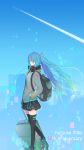  1girl absurdres adapted_costume anniversary aqua_eyes aqua_hair backpack bag black_legwear black_skirt blue_sky boots cable carrying_over_shoulder character_name cityscape commentary condensation_trail digital_dissolve expressionless feet_out_of_frame from_side hair_ornament hand_in_pocket hatsune_miku headphones headphones_around_neck highres holding hood hooded_jacket jacket long_hair looking_to_the_side luggage outdoors right_koma_dog skirt sky solo thighhighs twintails very_long_hair vocaloid walking zettai_ryouiki 