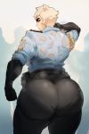  1girl ass badge blonde_hair blue_eyes breasts donaught epaulettes eyebrows from_behind glasses highres huge_ass large_breasts original police police_badge police_uniform policewoman short_hair solo sweat tassel thick_eyebrows thick_thighs thighs uniform wet wet_clothes 